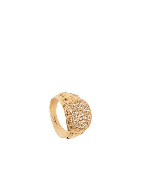 FLORAL CHEVALIER RING WITH CRYSTALS. GOLD-TONE BRASS AND WHITE CRYSTALS.